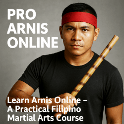 A Filipino martial artist wearing a red headband holds a baston stick in one hand, standing in front of a gray background. The image promotes Pro Arnis Online training.