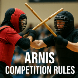 Two Arnis fighters wearing full protective gear clash rattan sticks during a live match in a gym setting, with the title "ARNIS COMPETITION RULES" overlaid in bold white text.