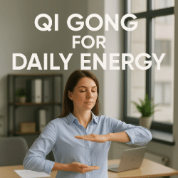 Woman practicing Qi Gong in a modern office, performing a standing posture with eyes closed, under the text overlay 'QI GONG FOR DAILY ENERGY'.