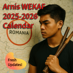 A young Filipino martial artist holding arnis sticks looks at a circled map of Romania, symbolizing the road to the 2026 WEKAF World Championships.